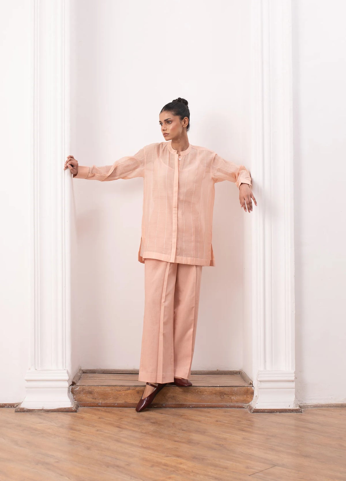 Peach co-ord with structured top and trousers Hiranya