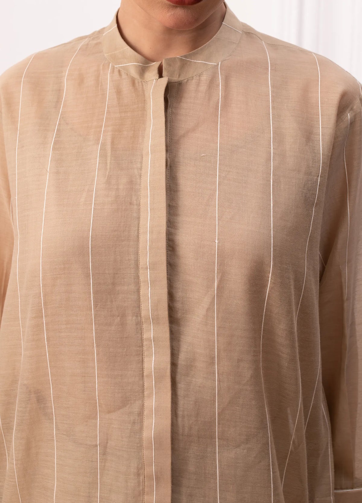 beige co-ord set with subtle stripes, relaxed-fit top and straight pants – Hiranya
