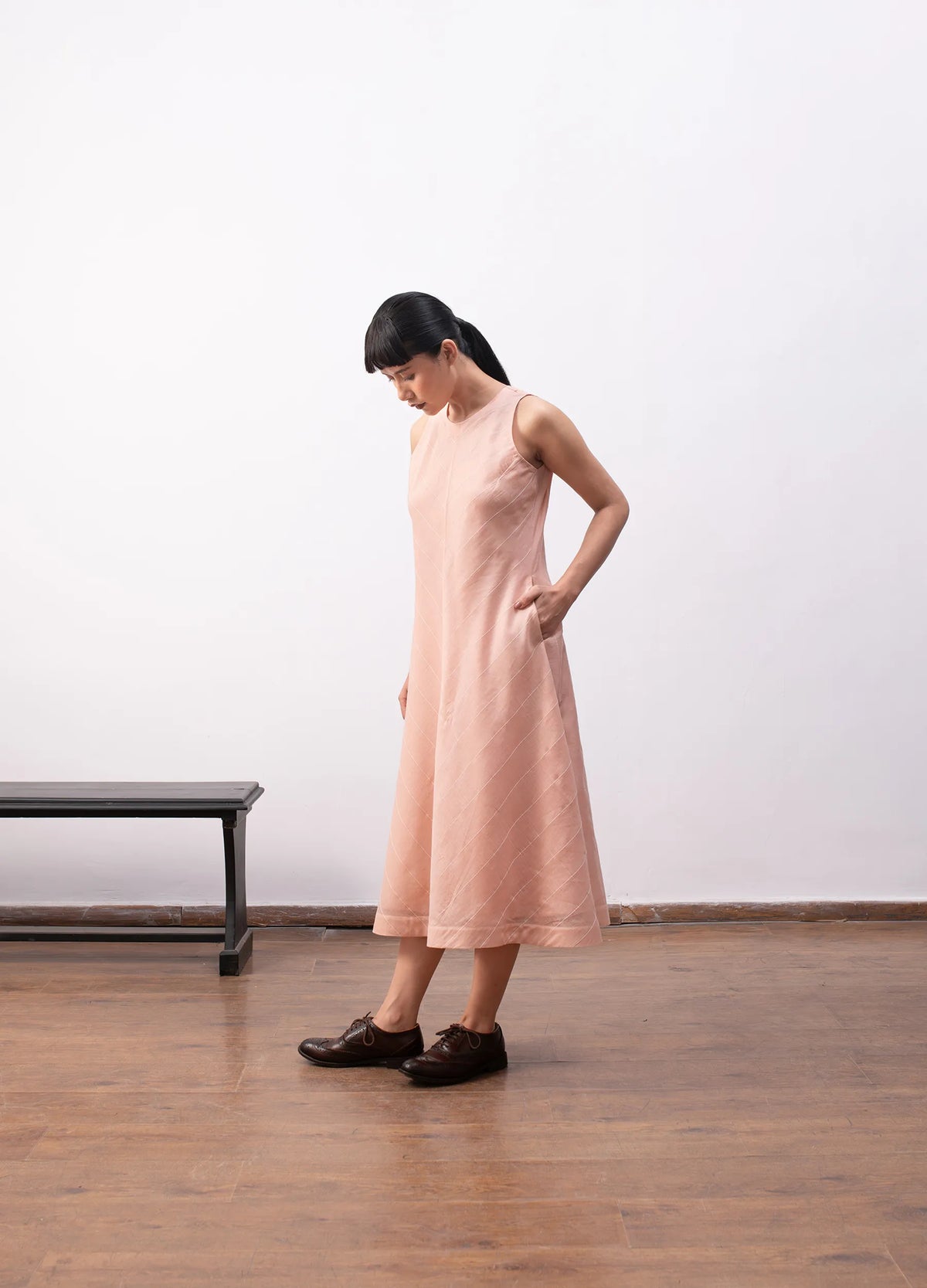 Peach sleeveless dress with soft flowy structure Hiranya