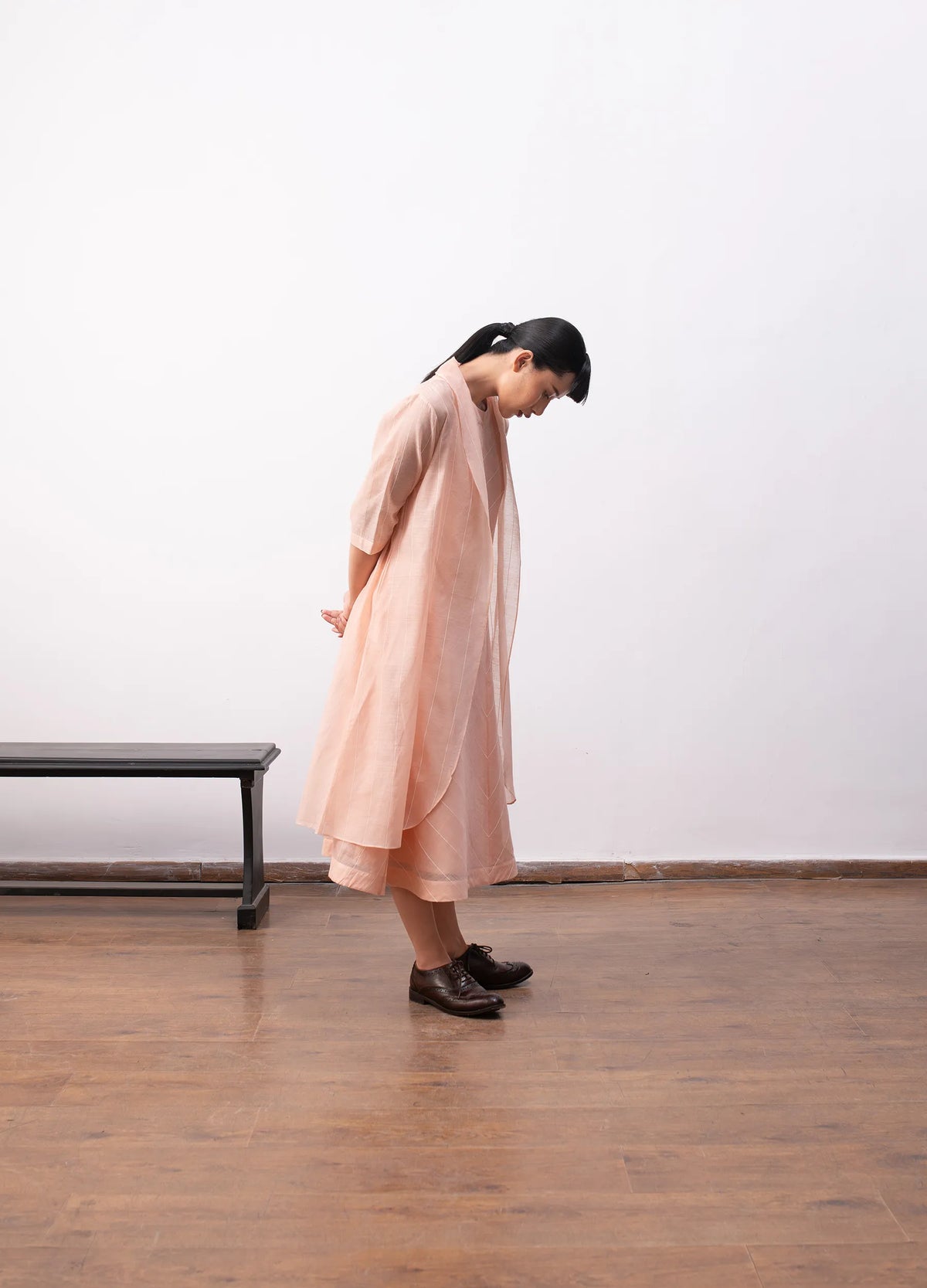 Peach tiered dress for women with relaxed fit – Ingrid dress by Hiranya