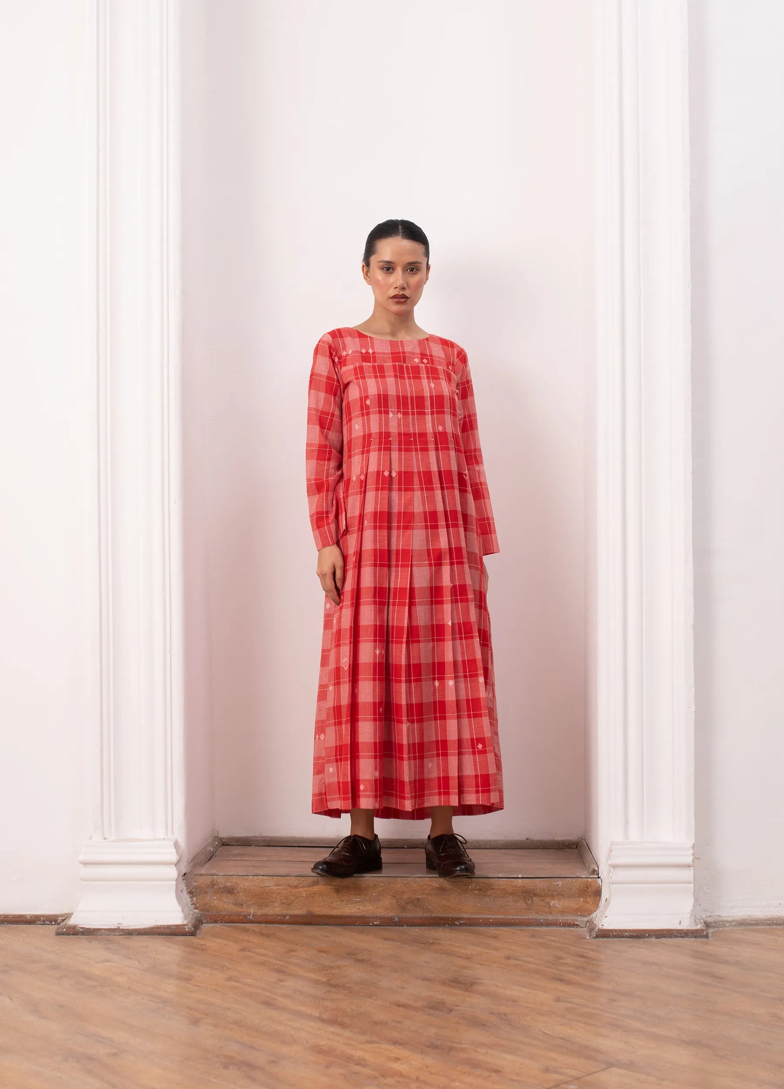 Red and white dress with Check print flowy design - Hiranya