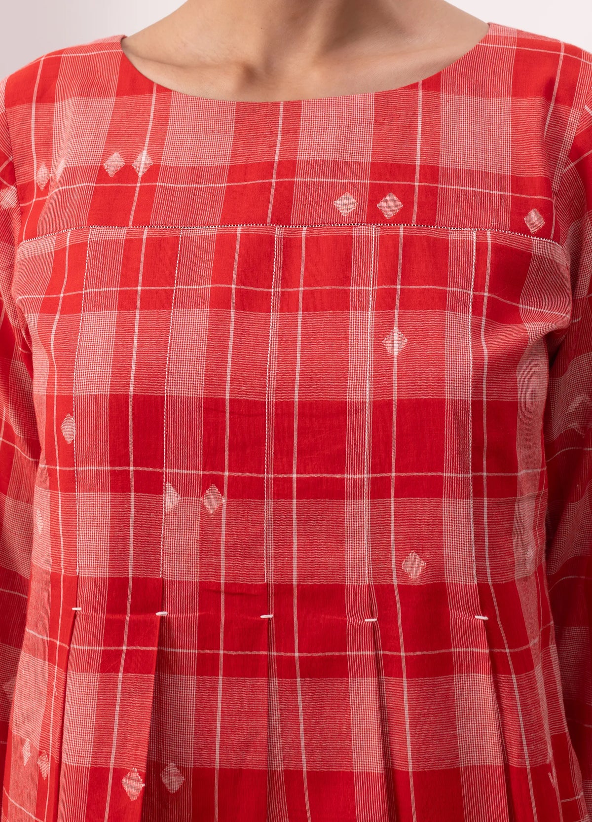 Red and white dress with Check print flowy design - Hiranya