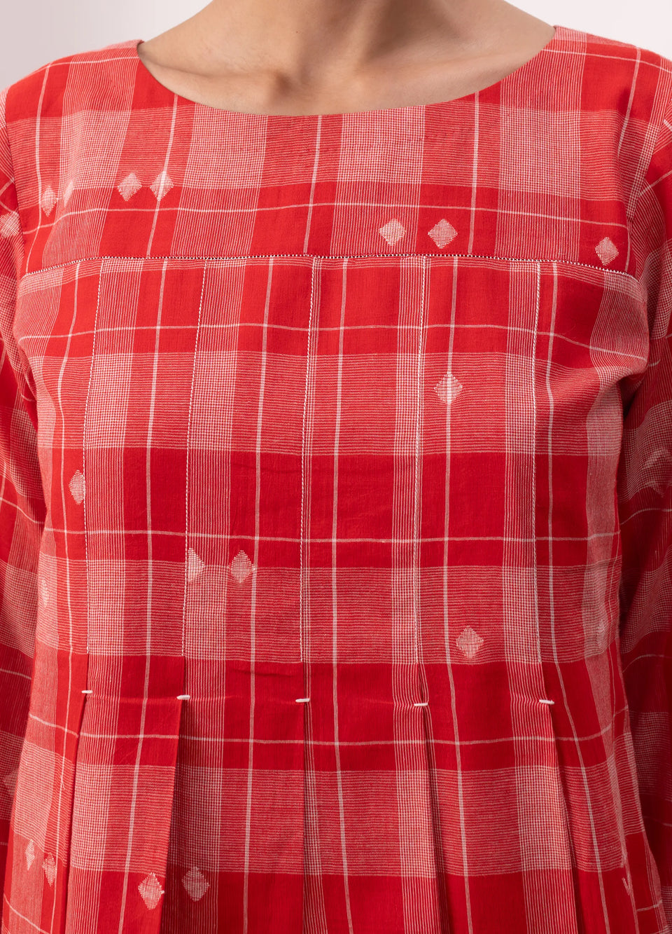 Red and white dress with Check print flowy design - Hiranya