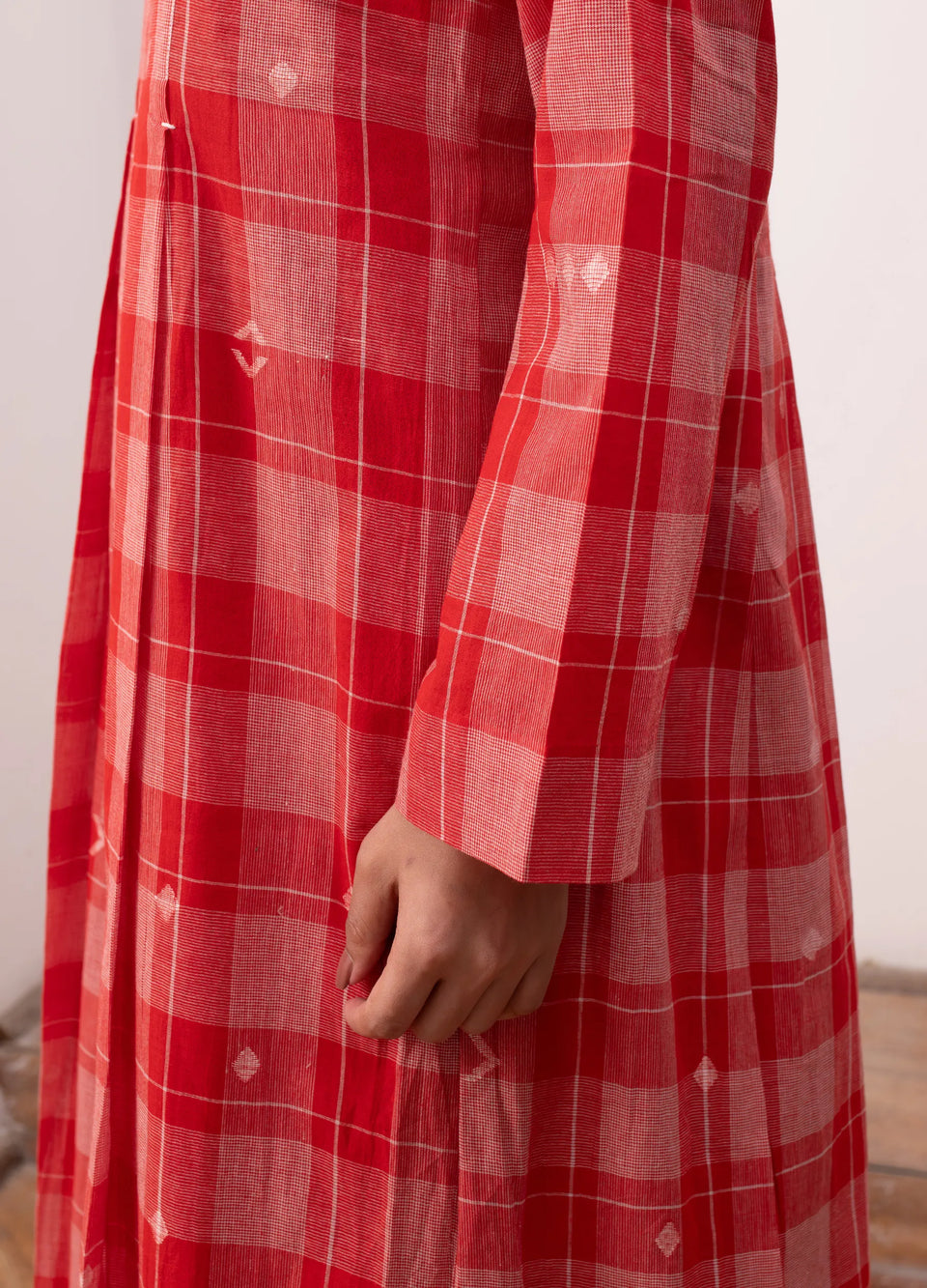 Red and white dress with Check print flowy design - Hiranya
