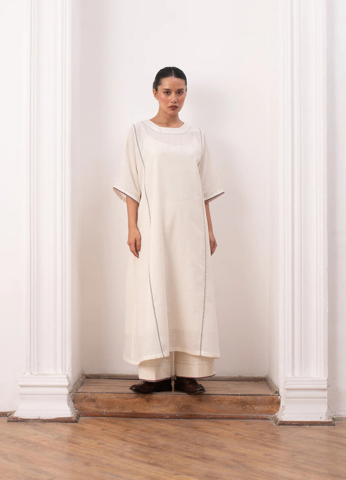White and indigo jamdani co-ord set with relaxed kurta top and trousers -Hiranya