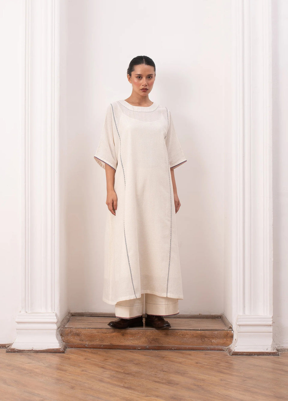 White and indigo jamdani co-ord set with relaxed kurta top and trousers -Hiranya