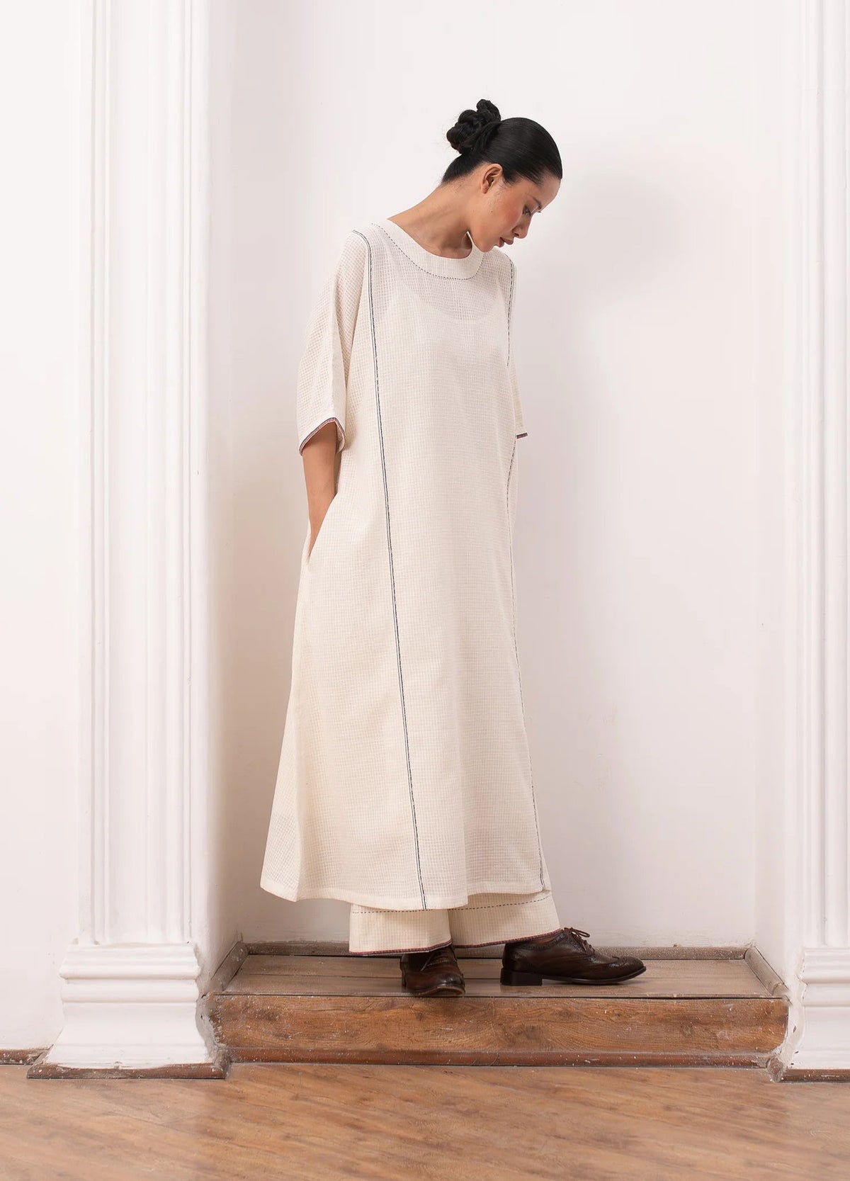 White and indigo jamdani co-ord set with relaxed kurta top and trousers -Hiranya