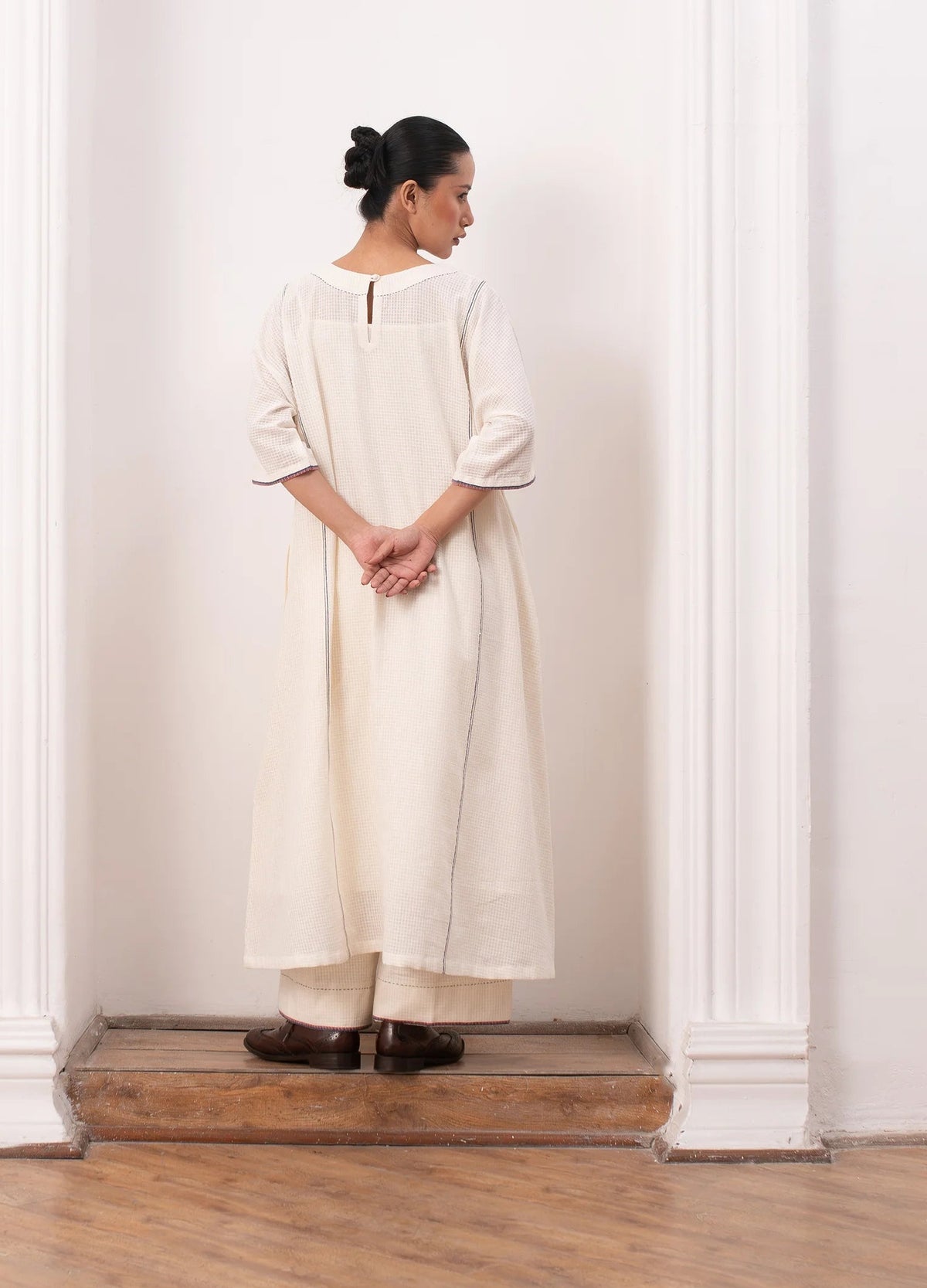 White and indigo jamdani co-ord set with relaxed kurta top and trousers -Hiranya