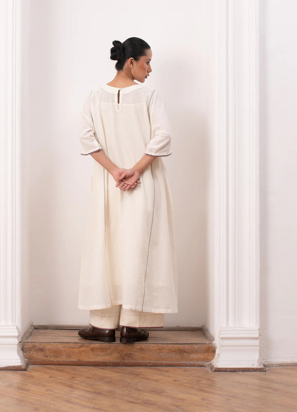 White and indigo jamdani co-ord set with relaxed kurta top and trousers -Hiranya