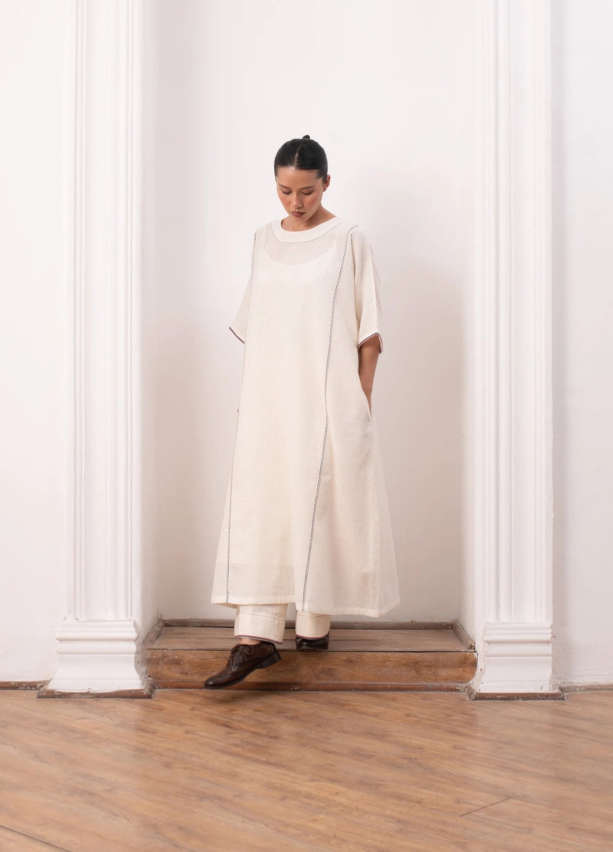 White and indigo jamdani co-ord set with relaxed kurta top and trousers -Hiranya