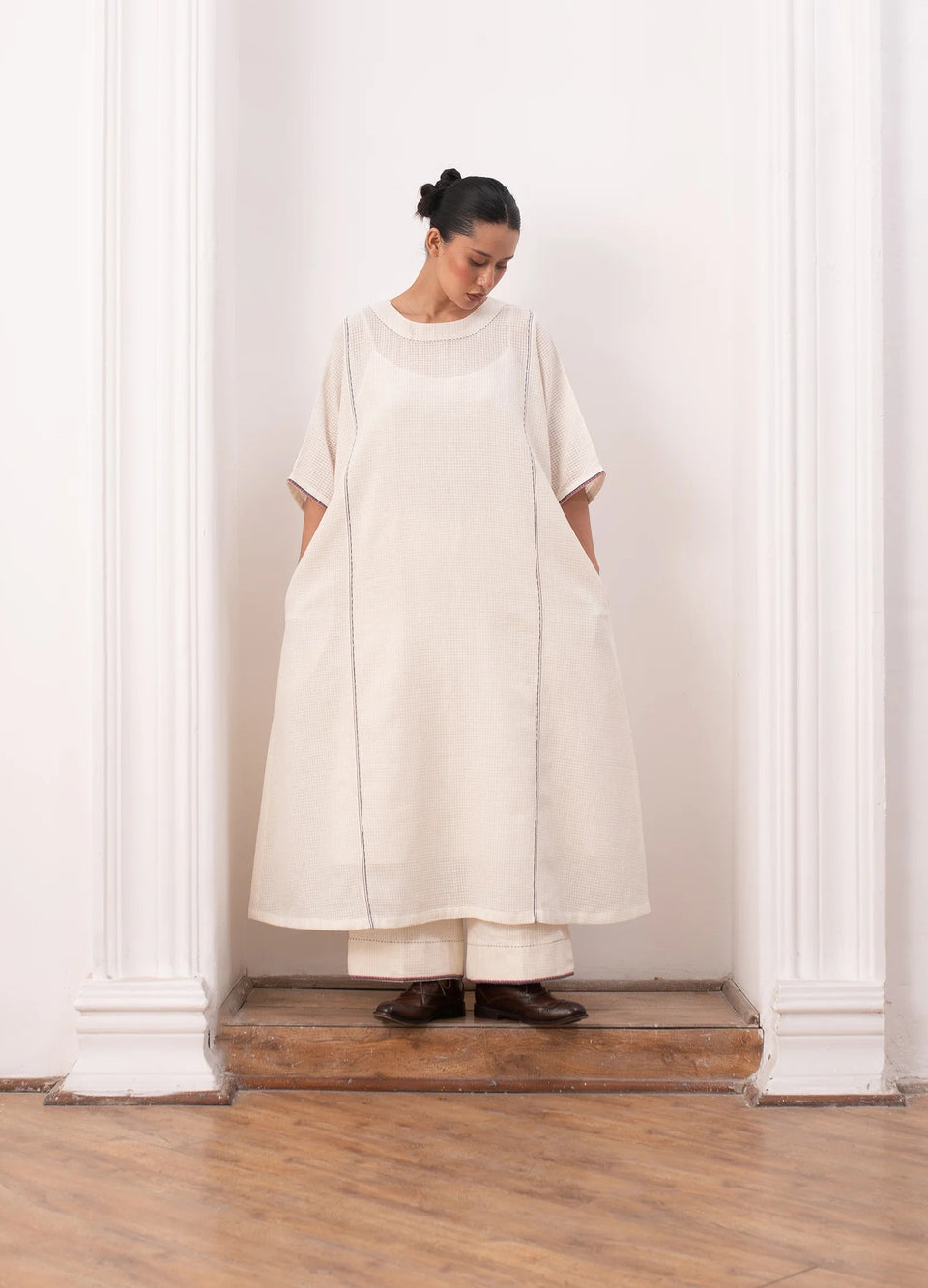 White and indigo jamdani co-ord set with relaxed kurta top and trousers -Hiranya