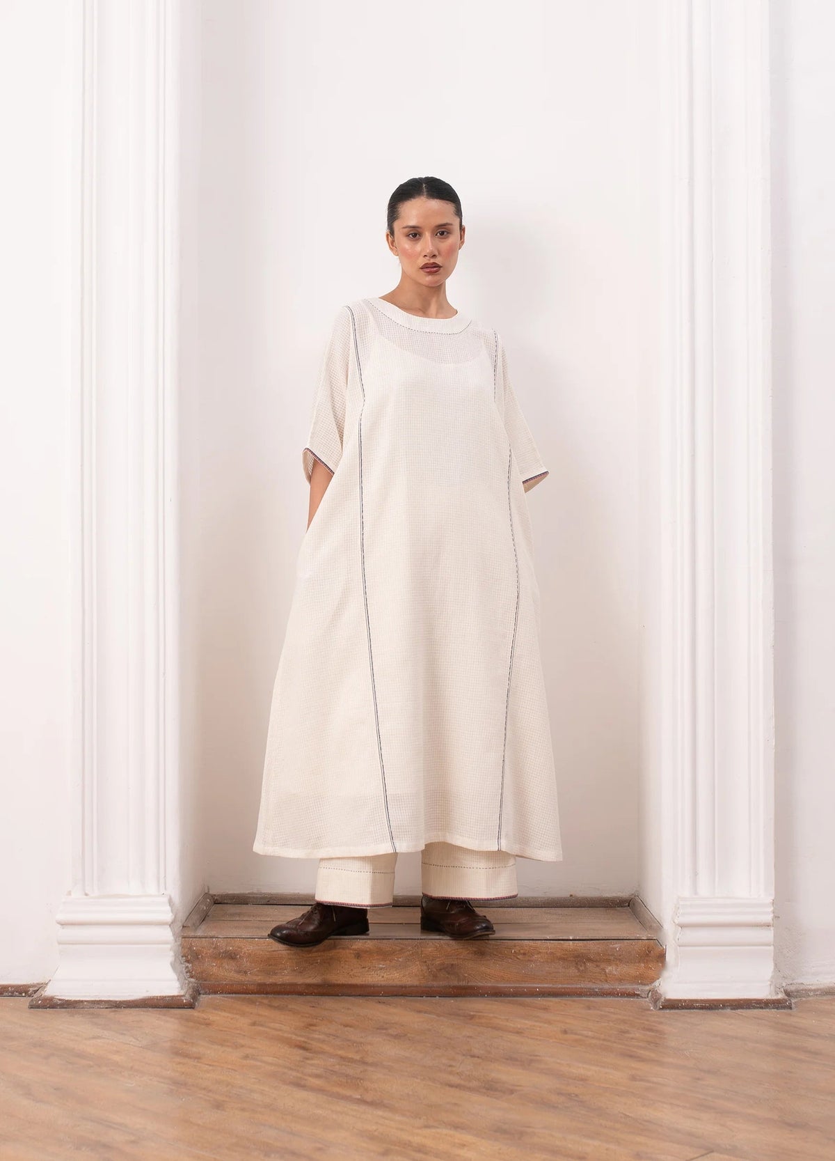 White and indigo jamdani co-ord set with relaxed kurta top and trousers -Hiranya