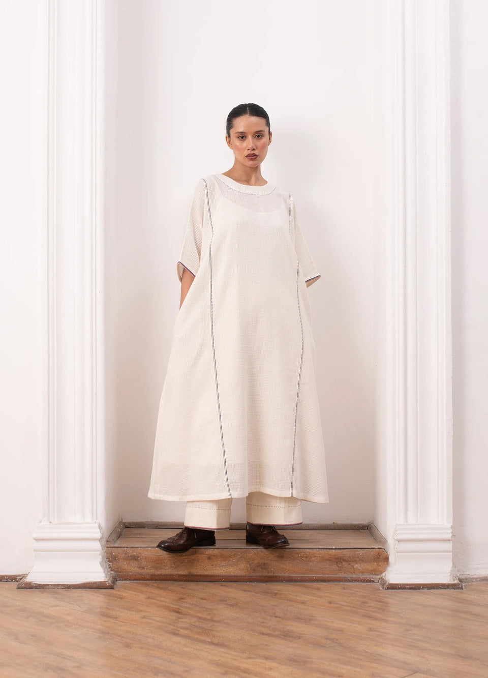 White and indigo jamdani co-ord set with relaxed kurta top and trousers -Hiranya