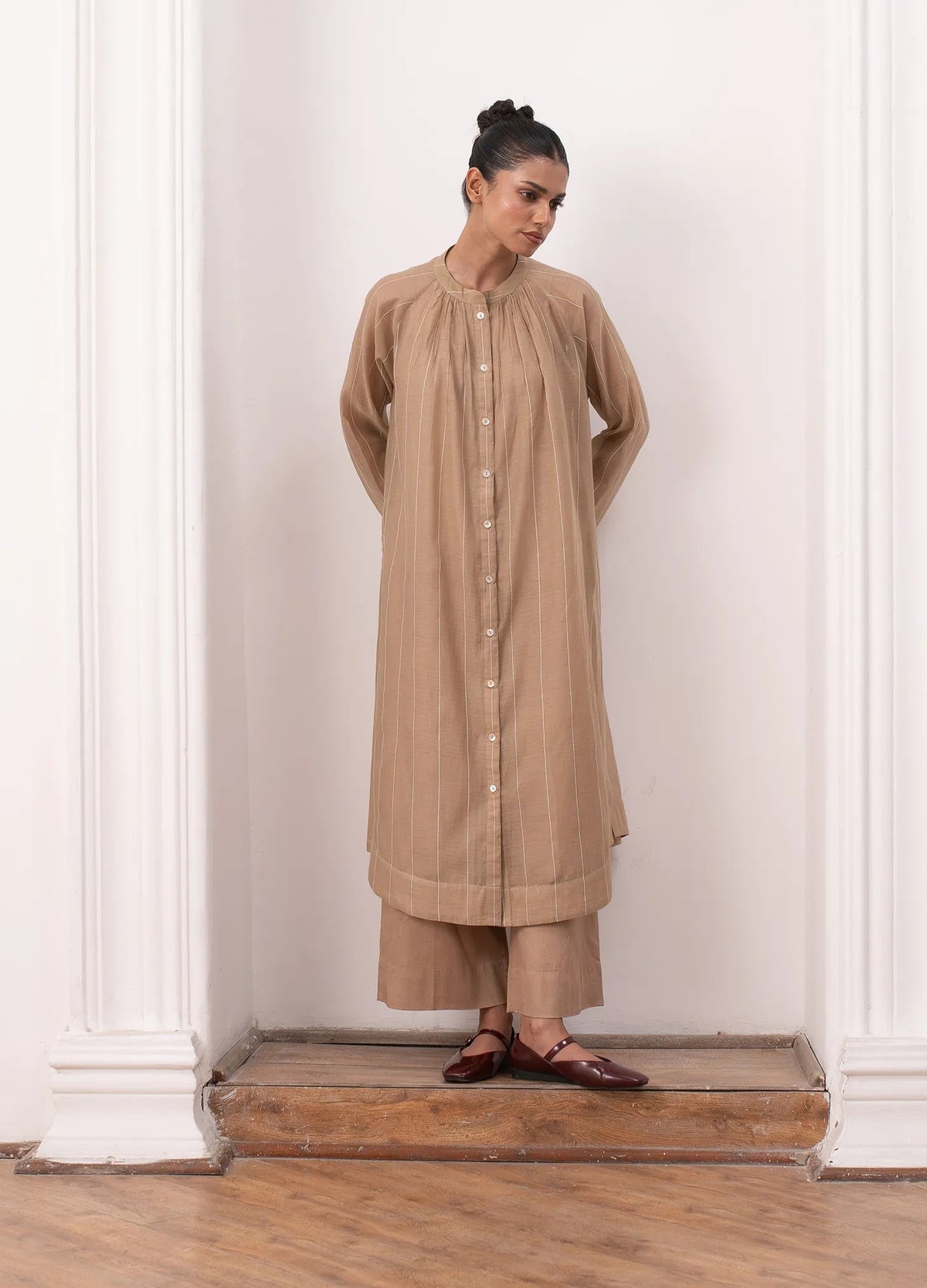 Warm beige co-ord with shirt and wide leg trousers- Hiranya