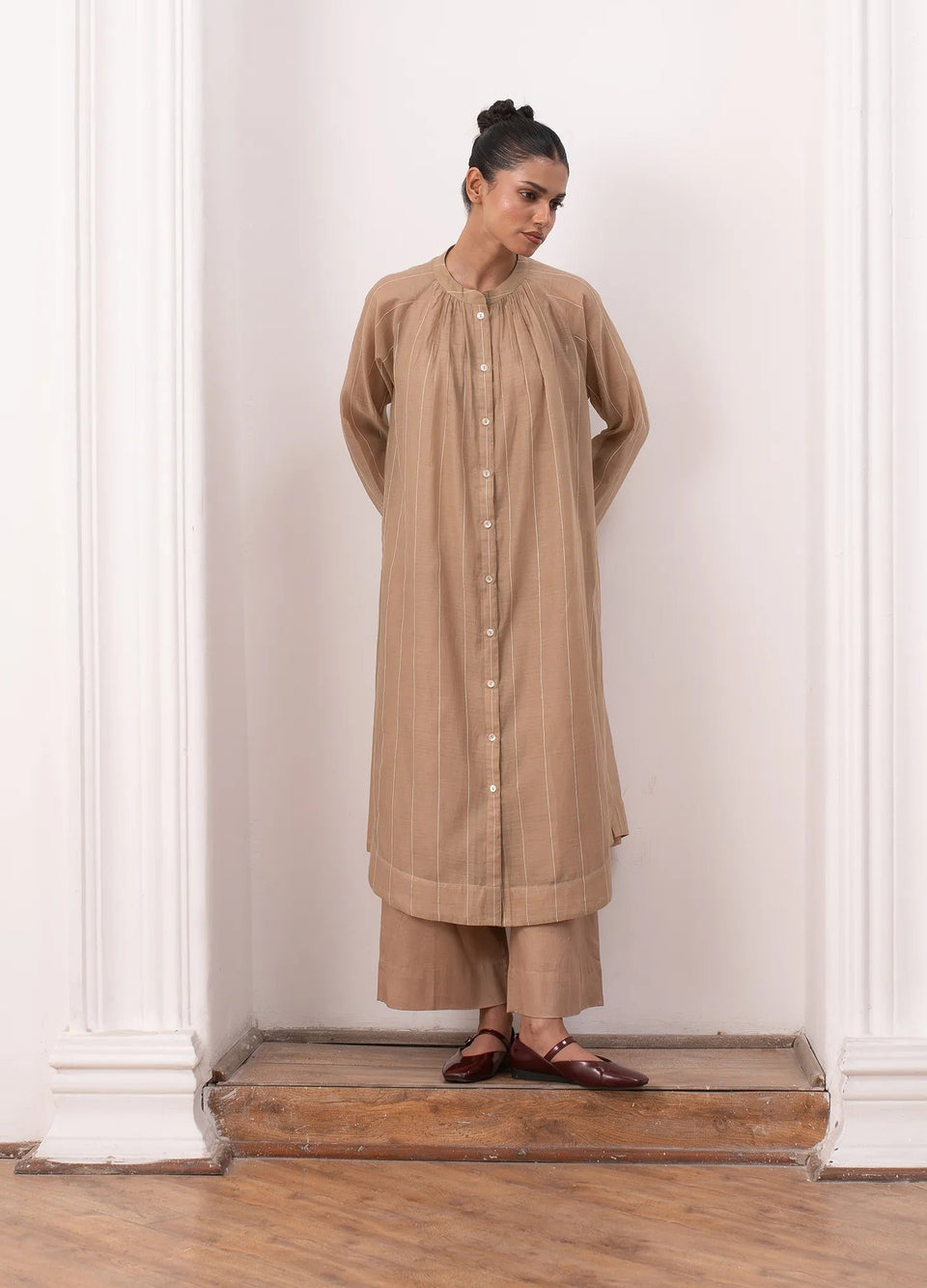 Warm beige co-ord with shirt and wide leg trousers- Hiranya