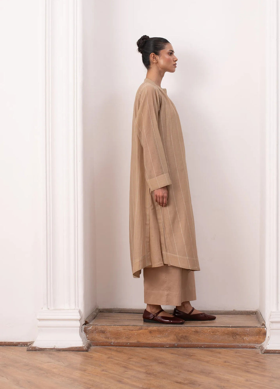 Warm beige co-ord with shirt and wide leg trousers- Hiranya