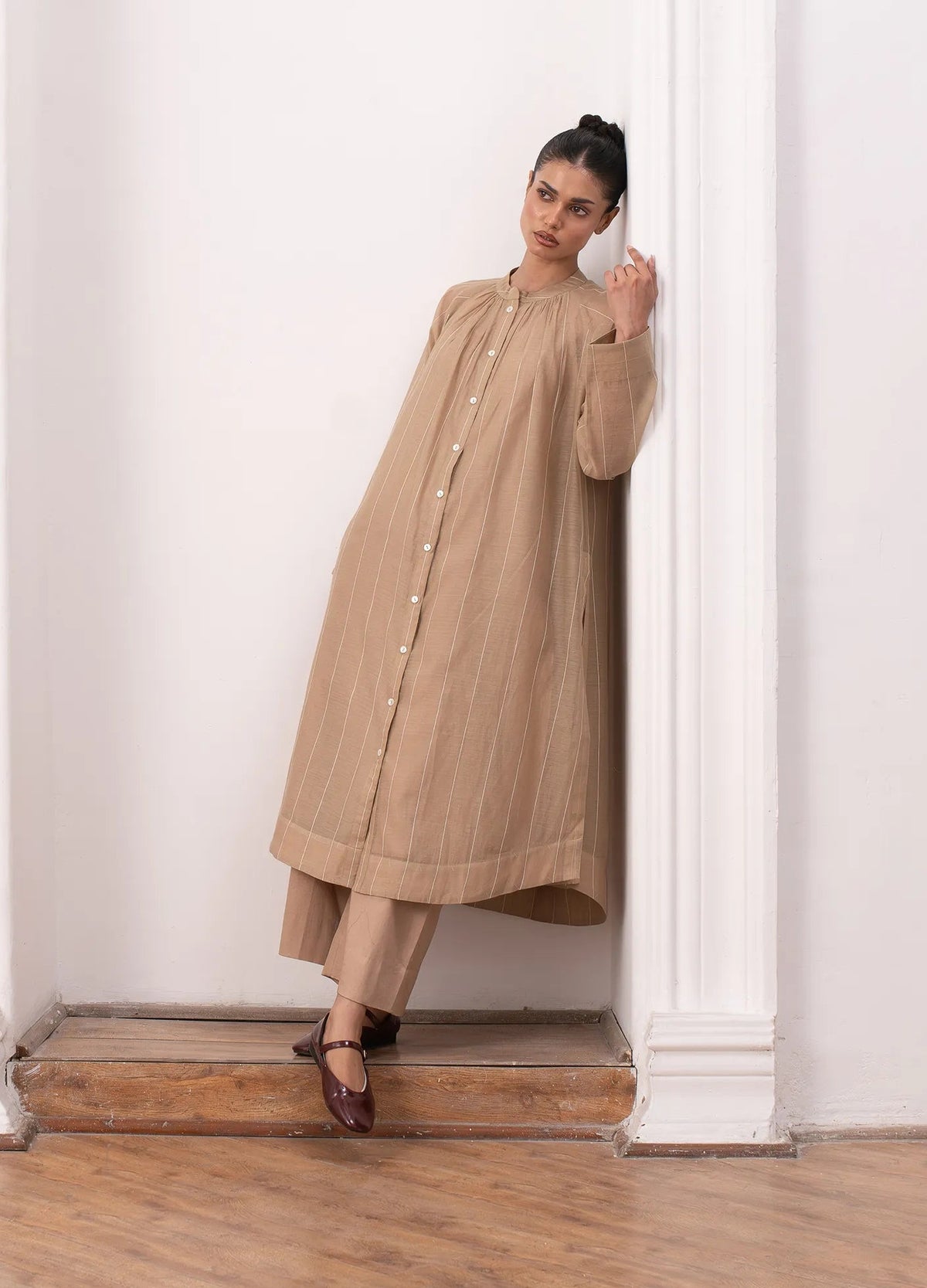 Warm beige co-ord with shirt and wide leg trousers- Hiranya
