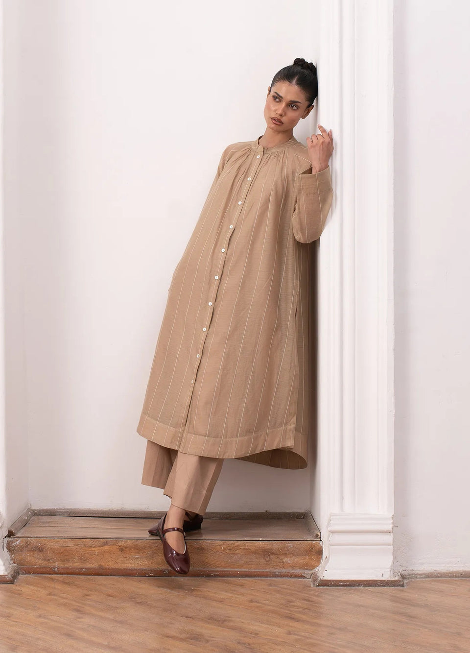 Warm beige co-ord with shirt and wide leg trousers- Hiranya