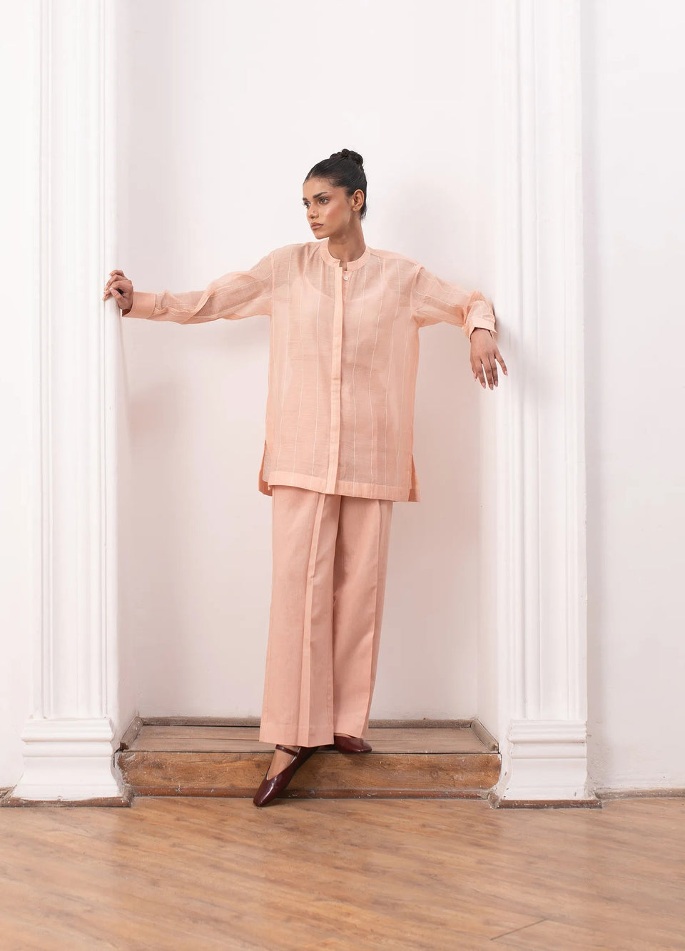 Peach co-ord with structured top and trousers Hiranya