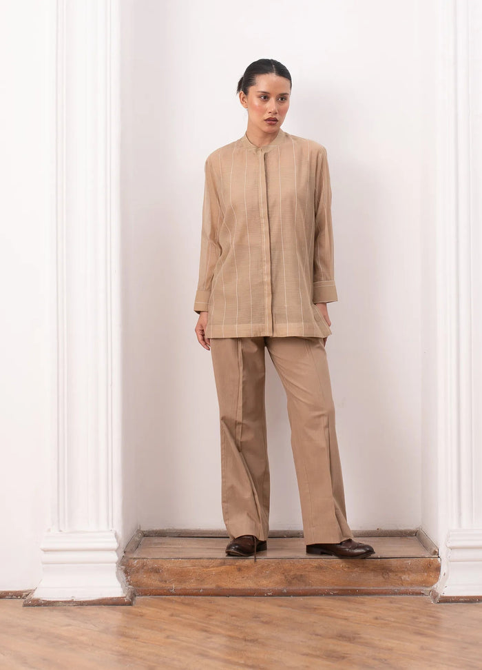 beige co-ord set with subtle stripes, relaxed-fit top and straight pants – Hiranya
