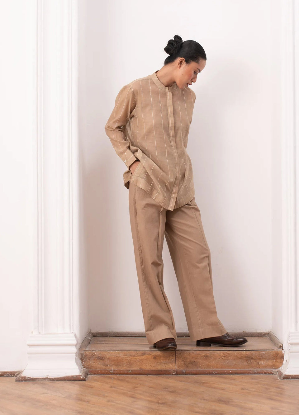 beige co-ord set with subtle stripes, relaxed-fit top and straight pants – Hiranya