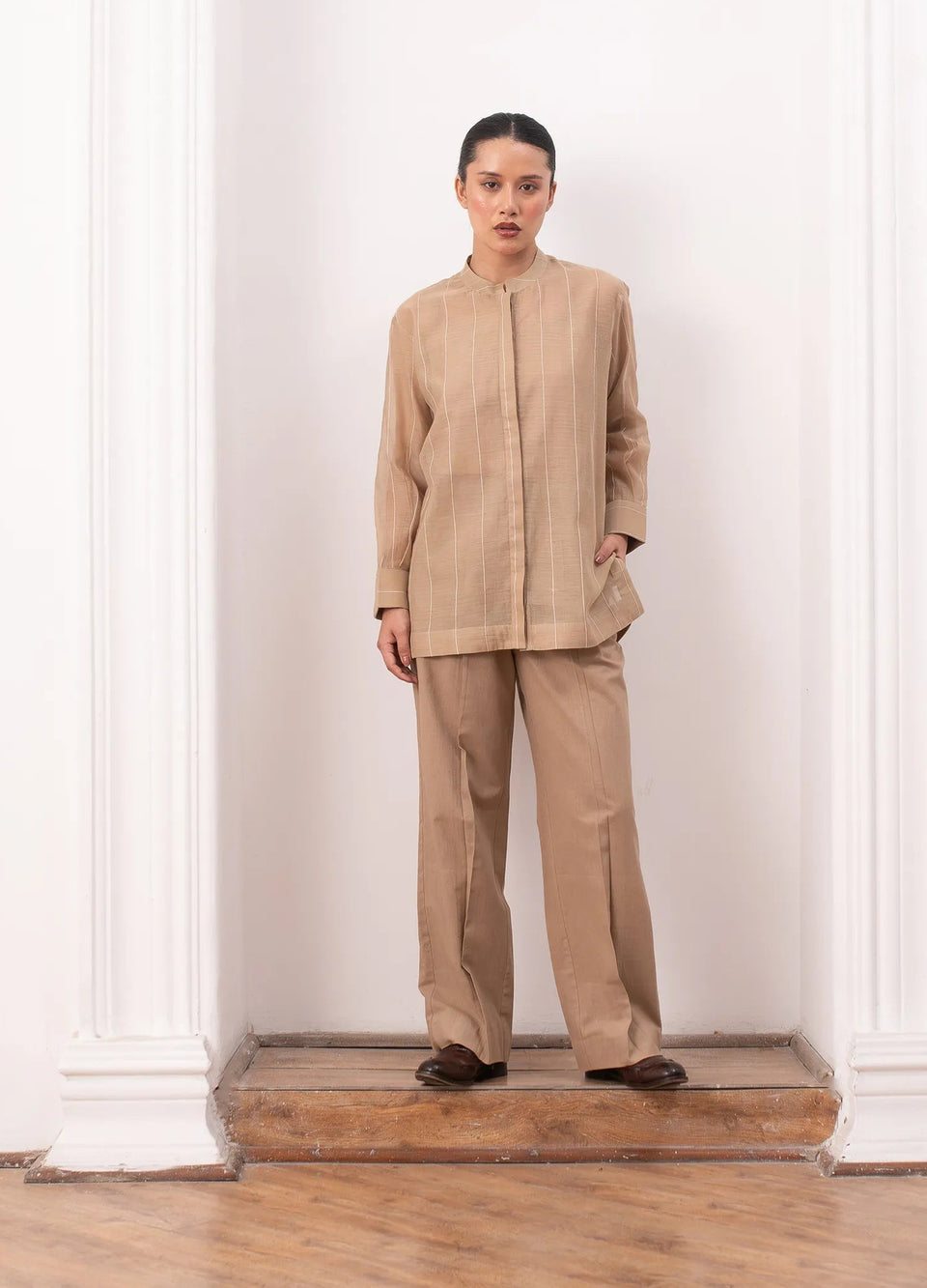 beige co-ord set with subtle stripes, relaxed-fit top and straight pants – Hiranya