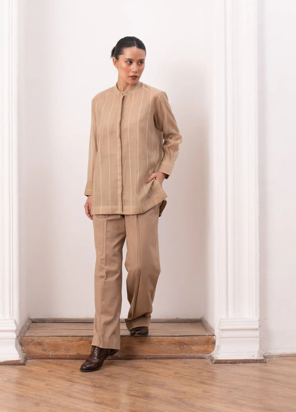 beige co-ord set with subtle stripes, relaxed-fit top and straight pants – Hiranya