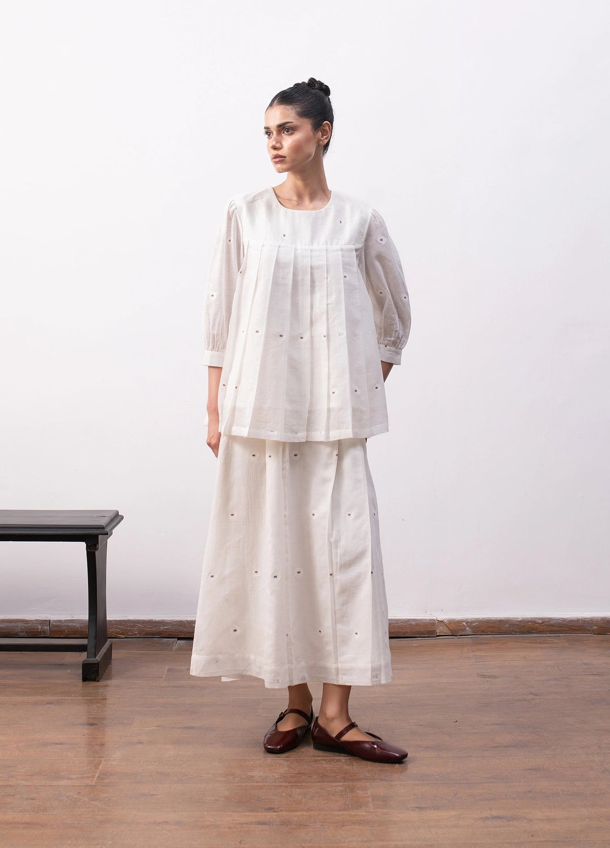 Soft white co-ord with relaxed top and  flowy skirt - Hiranya