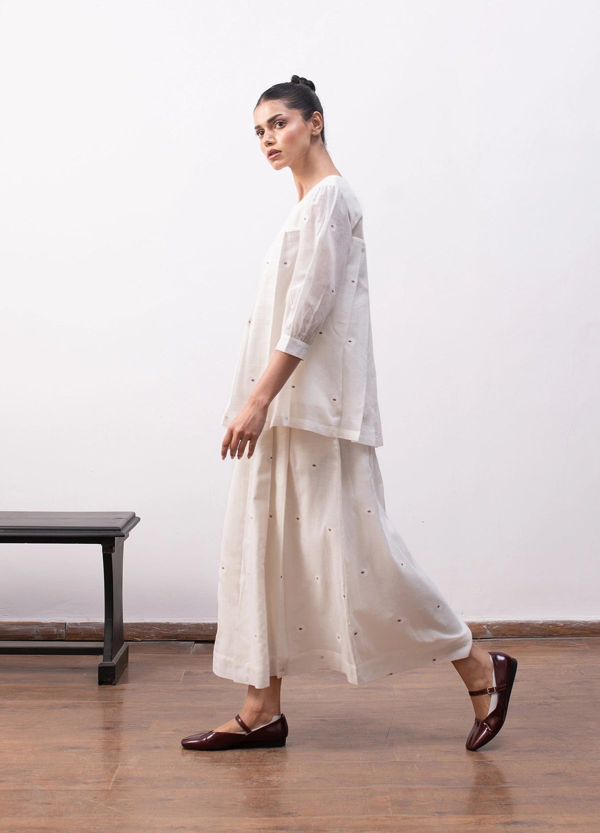 Soft white co-ord with relaxed top and  flowy skirt - Hiranya