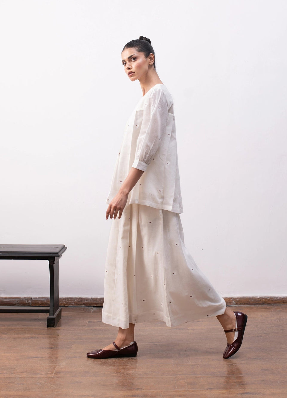Soft white co-ord with relaxed top and  flowy skirt - Hiranya