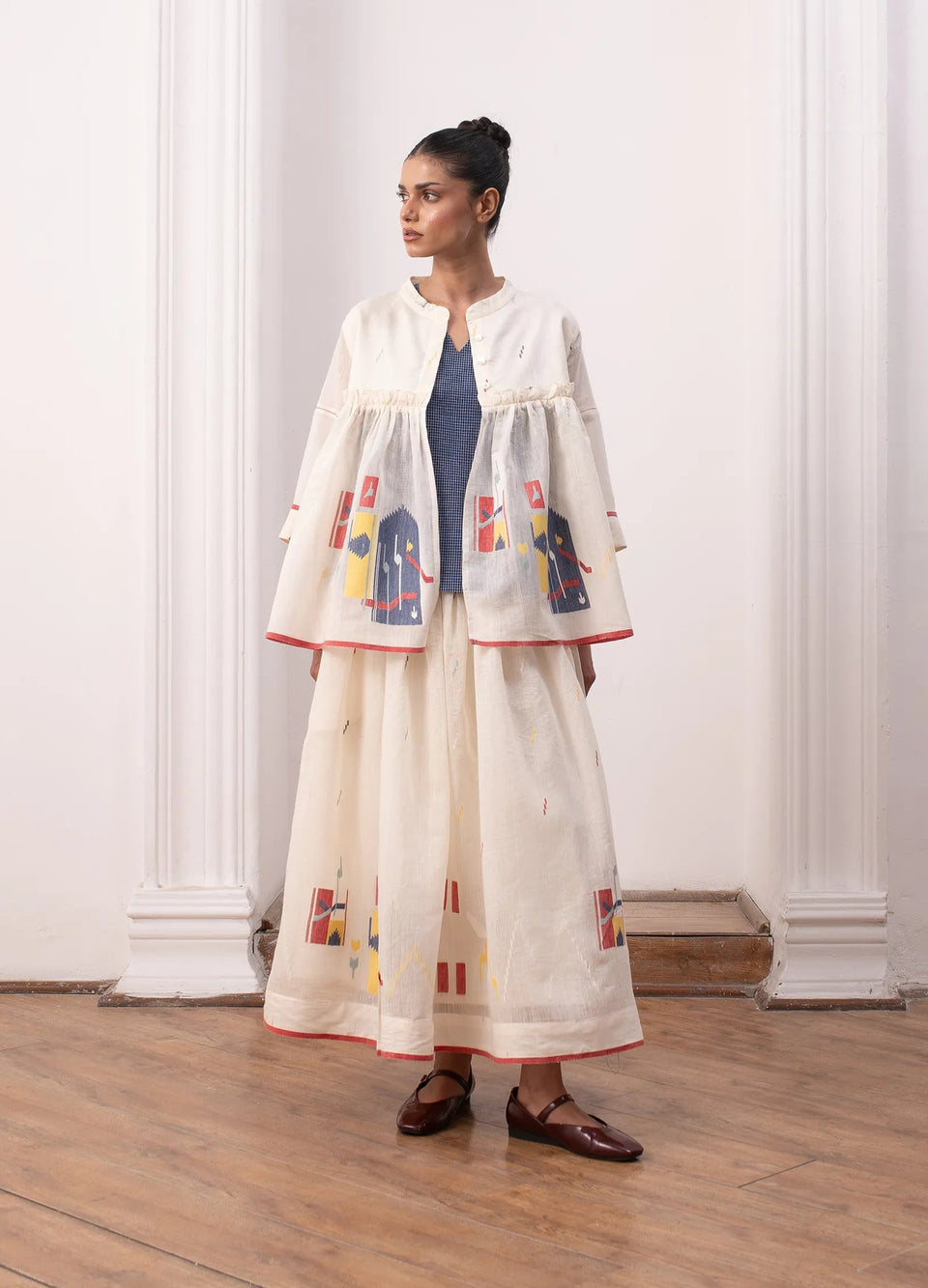 Ivory layered set with soft overlay and skirt - Hiranya