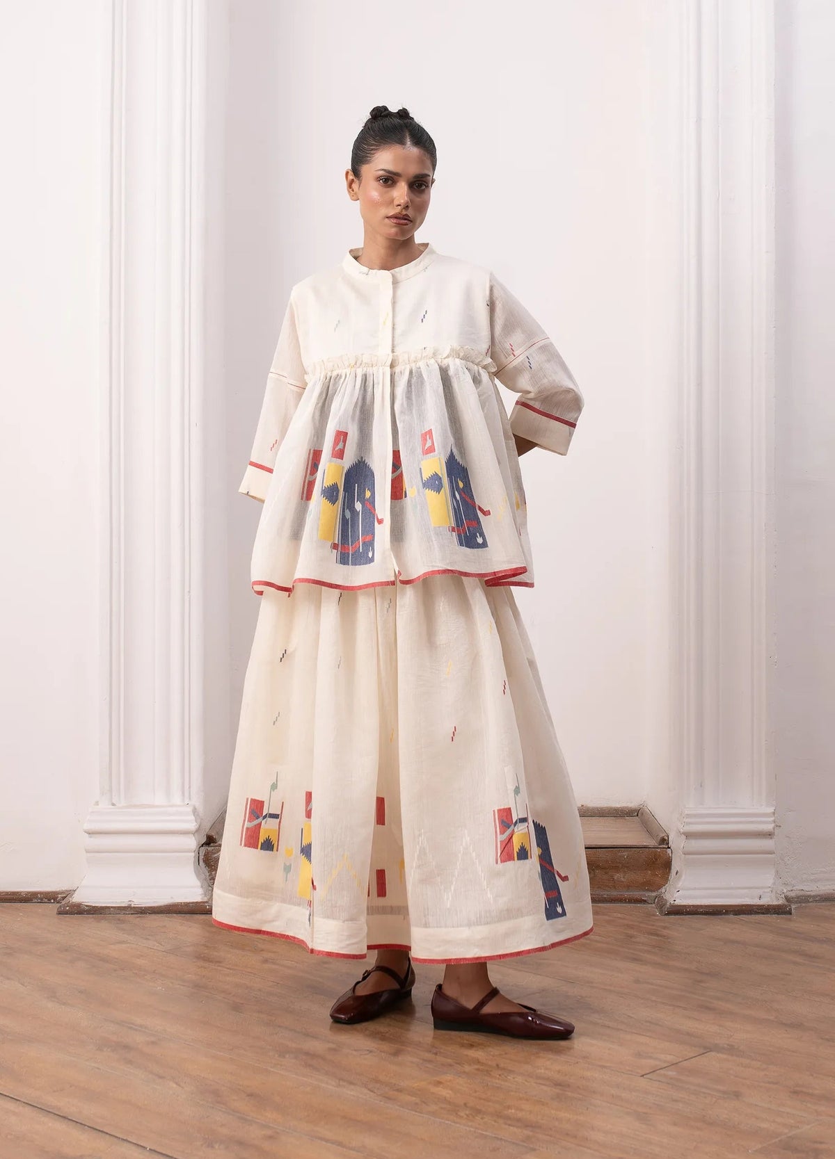Ivory layered set with soft overlay and skirt - Hiranya