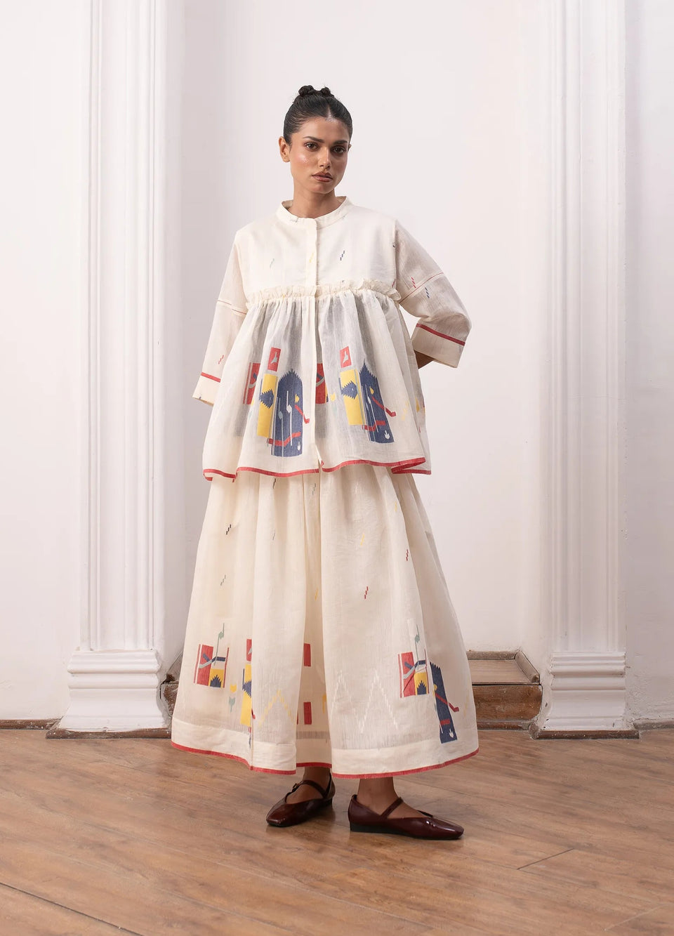 Ivory layered set with soft overlay and skirt - Hiranya
