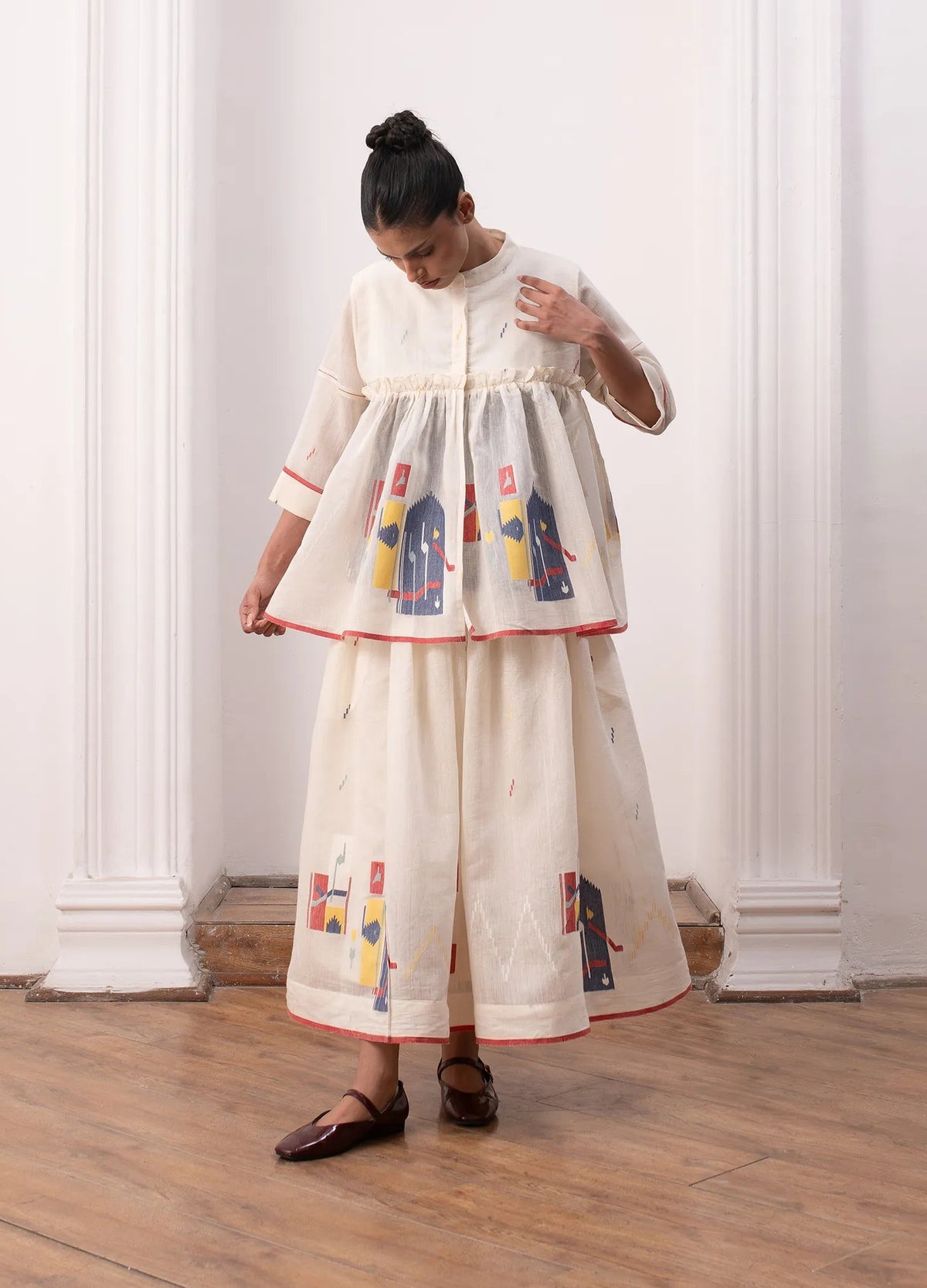 Ivory layered set with soft overlay and skirt - Hiranya