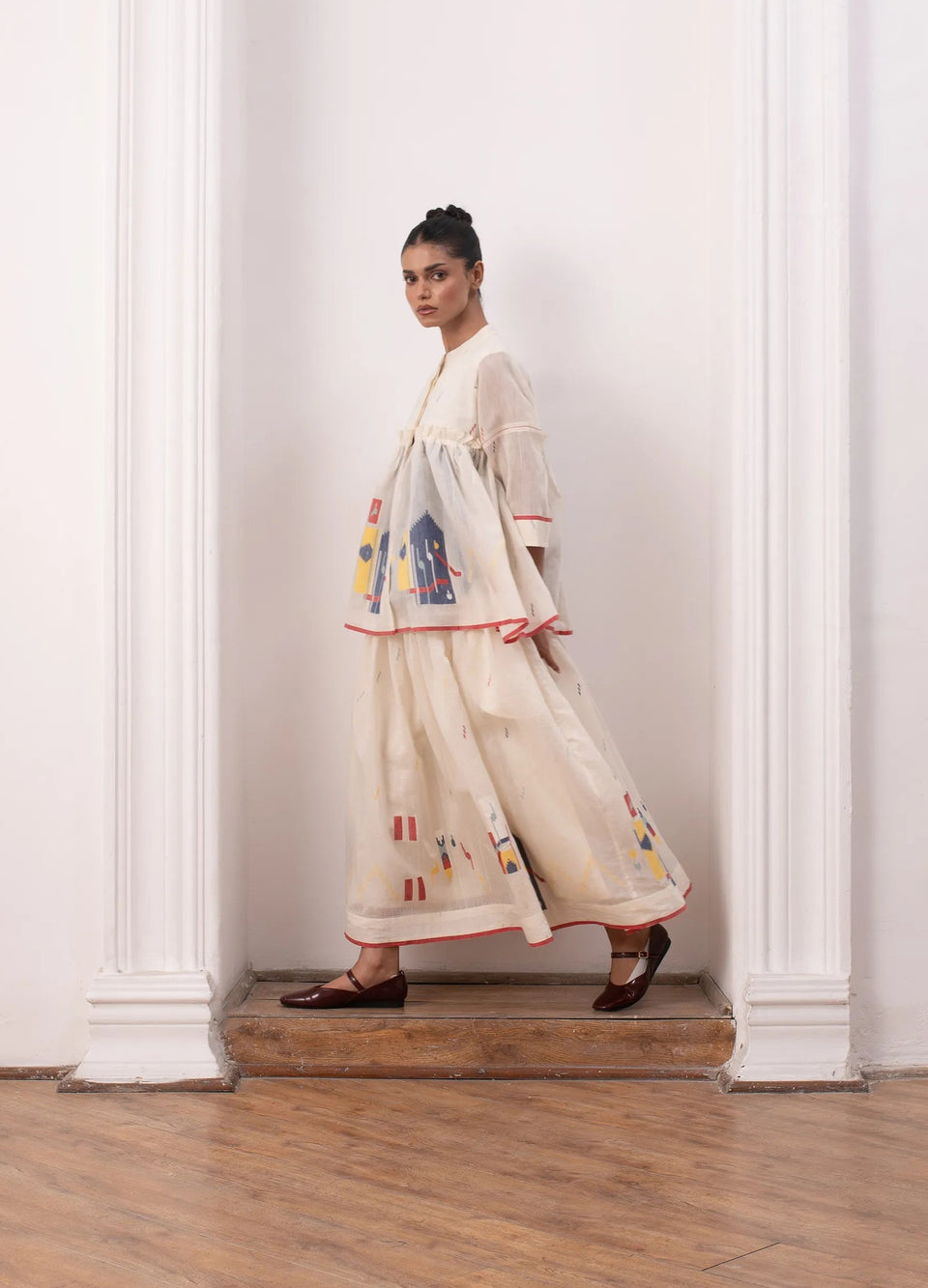 Ivory layered set with soft overlay and skirt - Hiranya