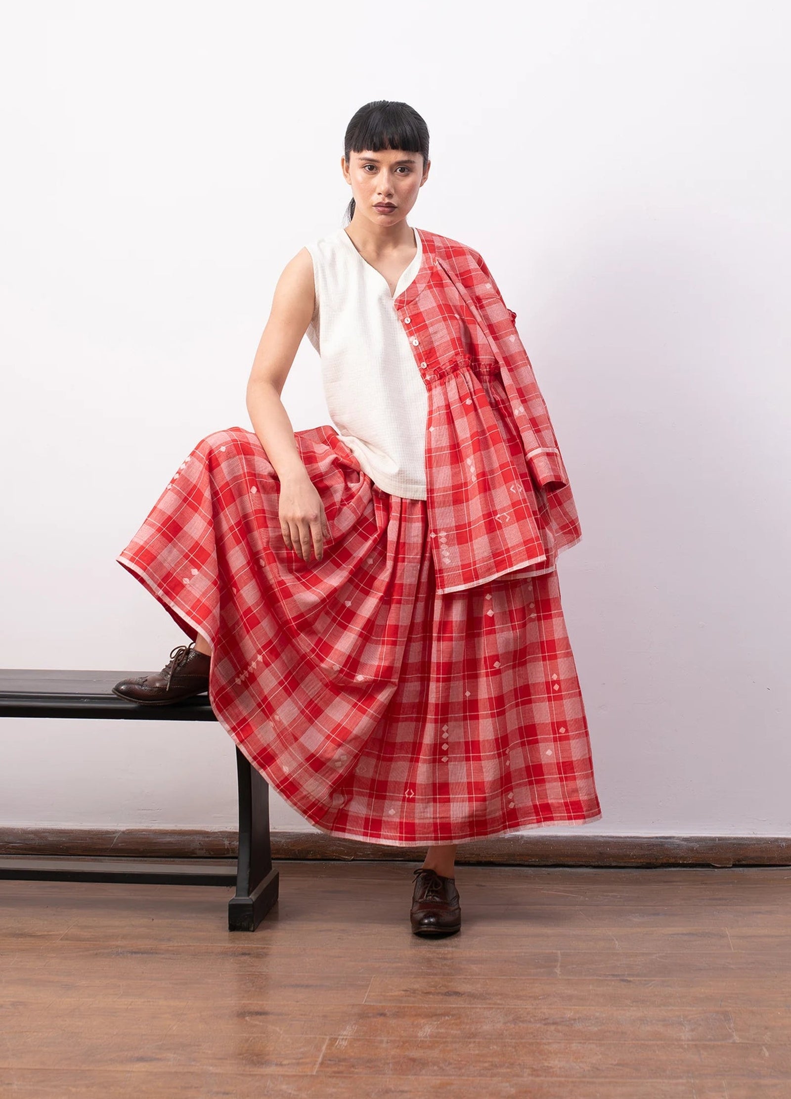 Red layered set with overlay and matching skirt - Hiranya