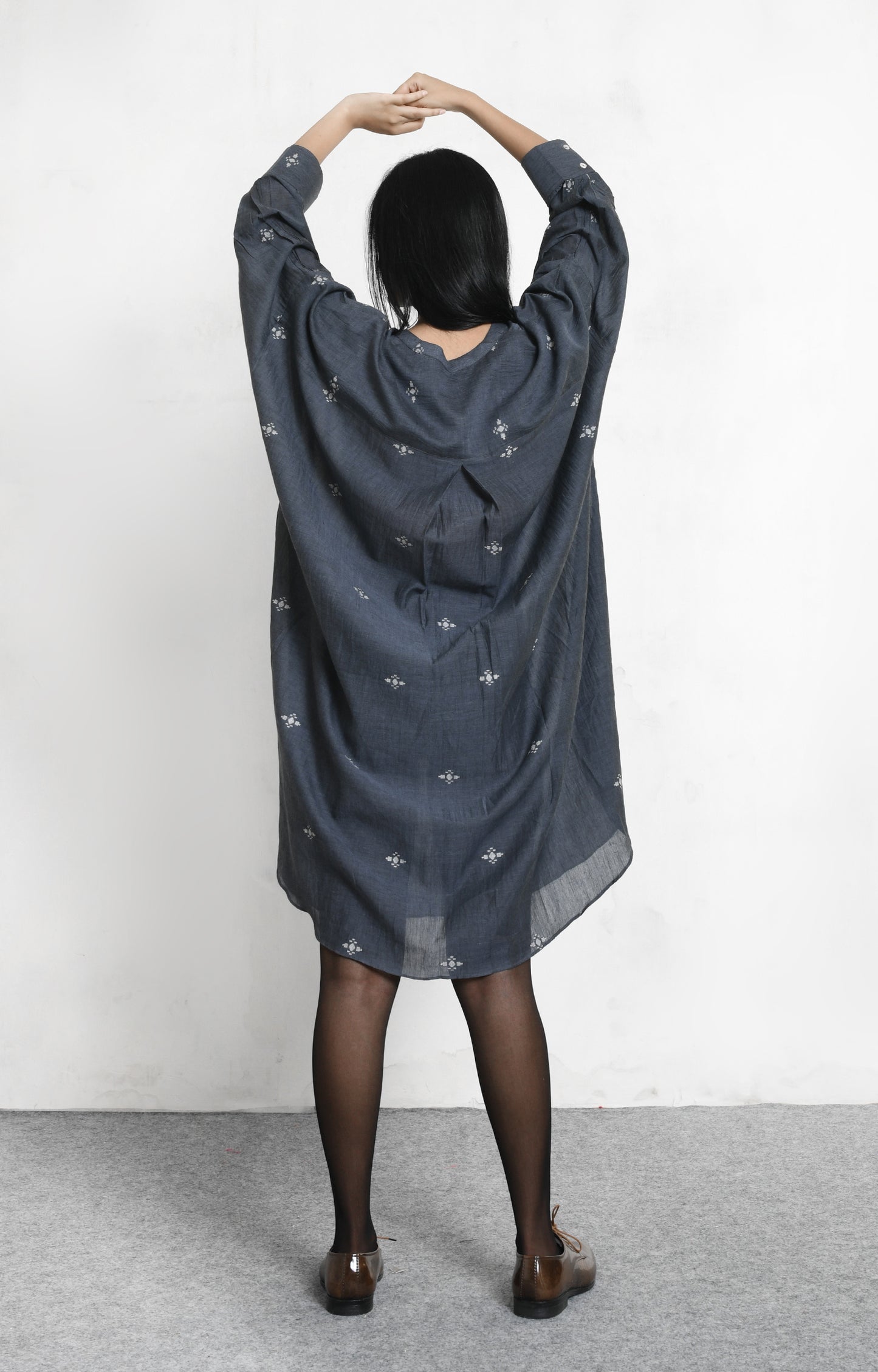 Angela Jamdani Long Boxy Shirt- Charcoal