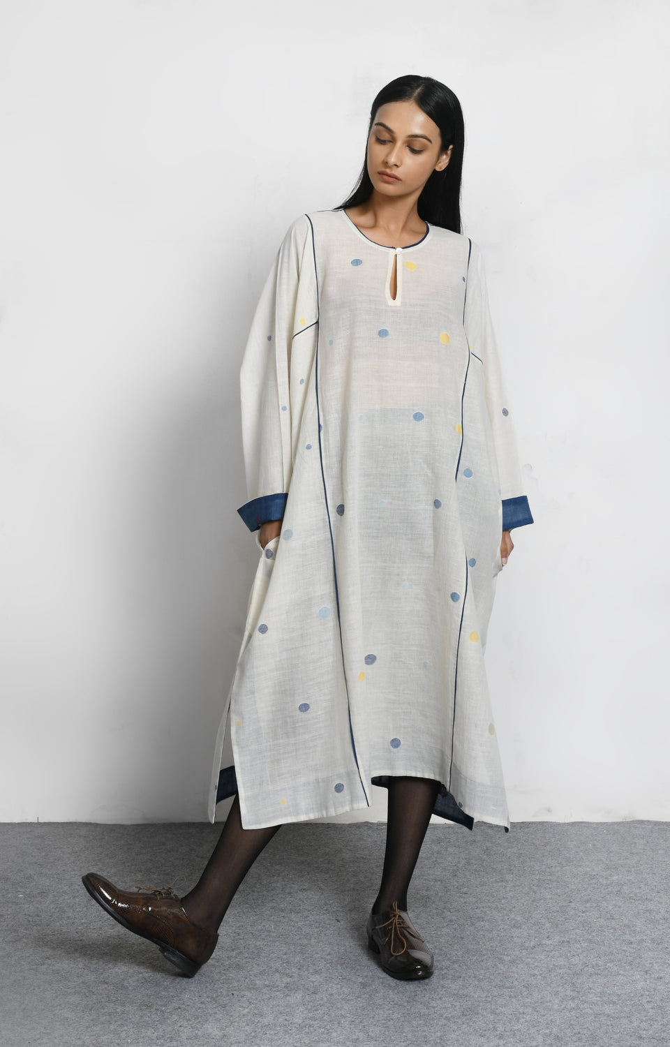 white khadi jamdani phiran - handloom ethnic dress