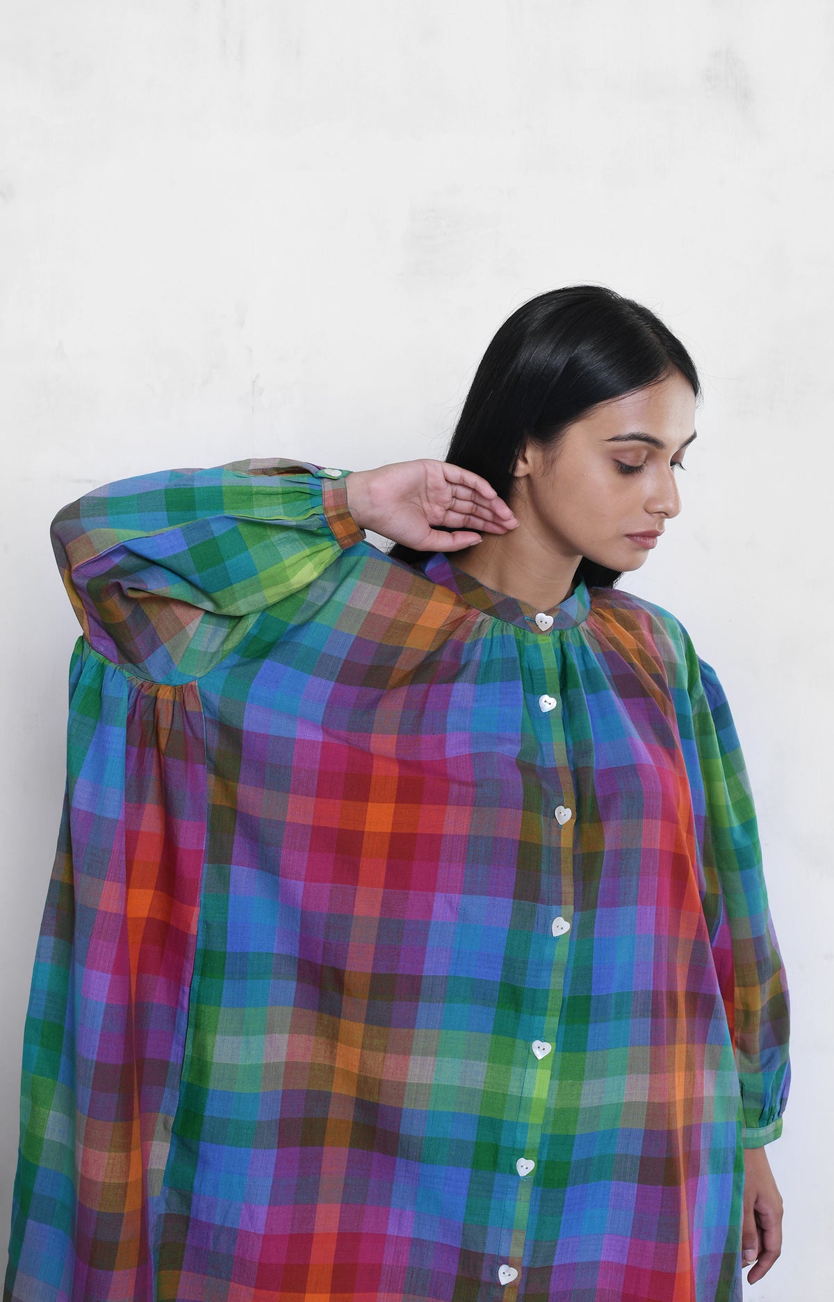Multicolor Madras check silk gather shirt for women – Hiranya