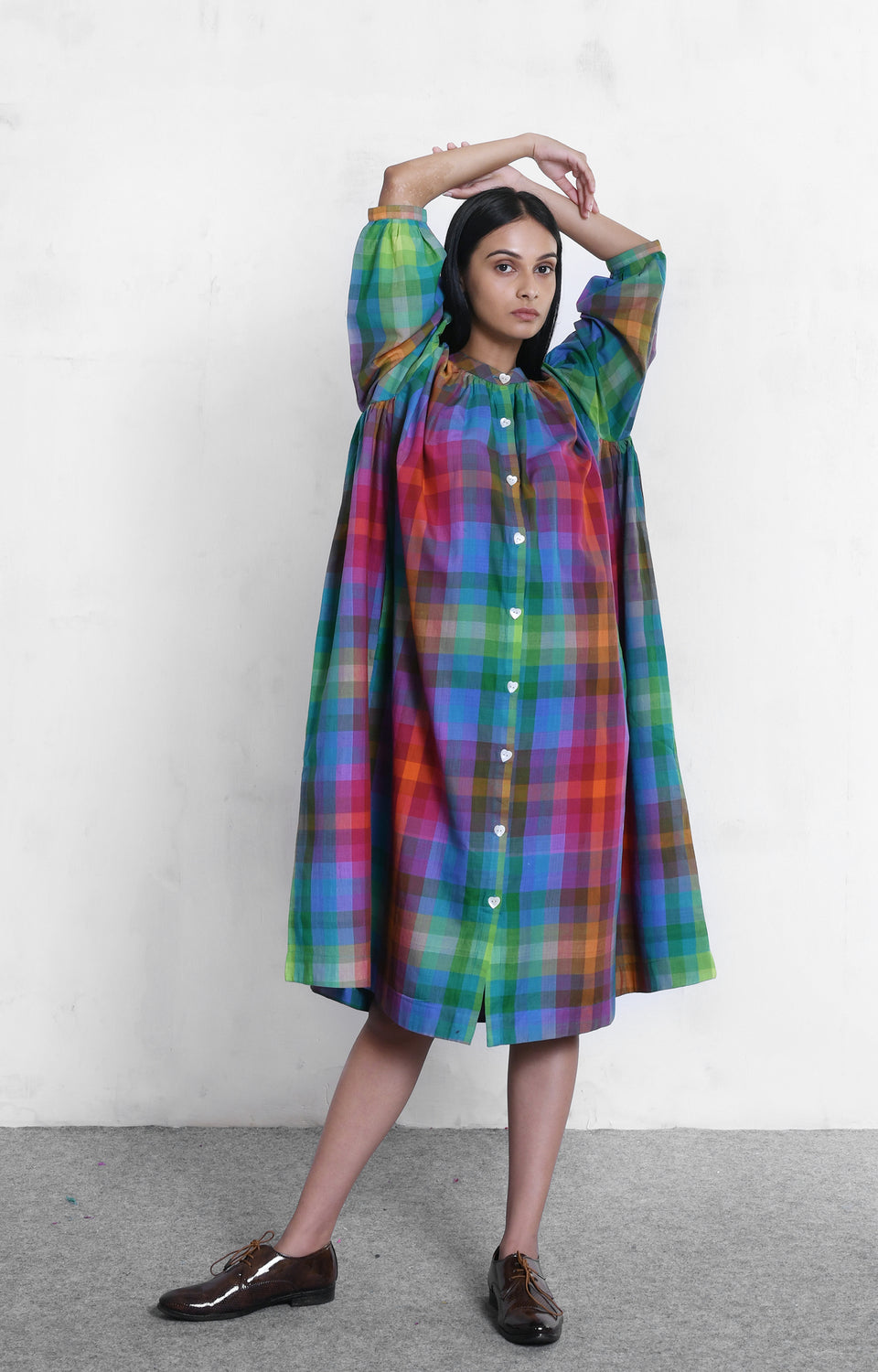 Multicolor Madras check silk gather shirt for women – Hiranya